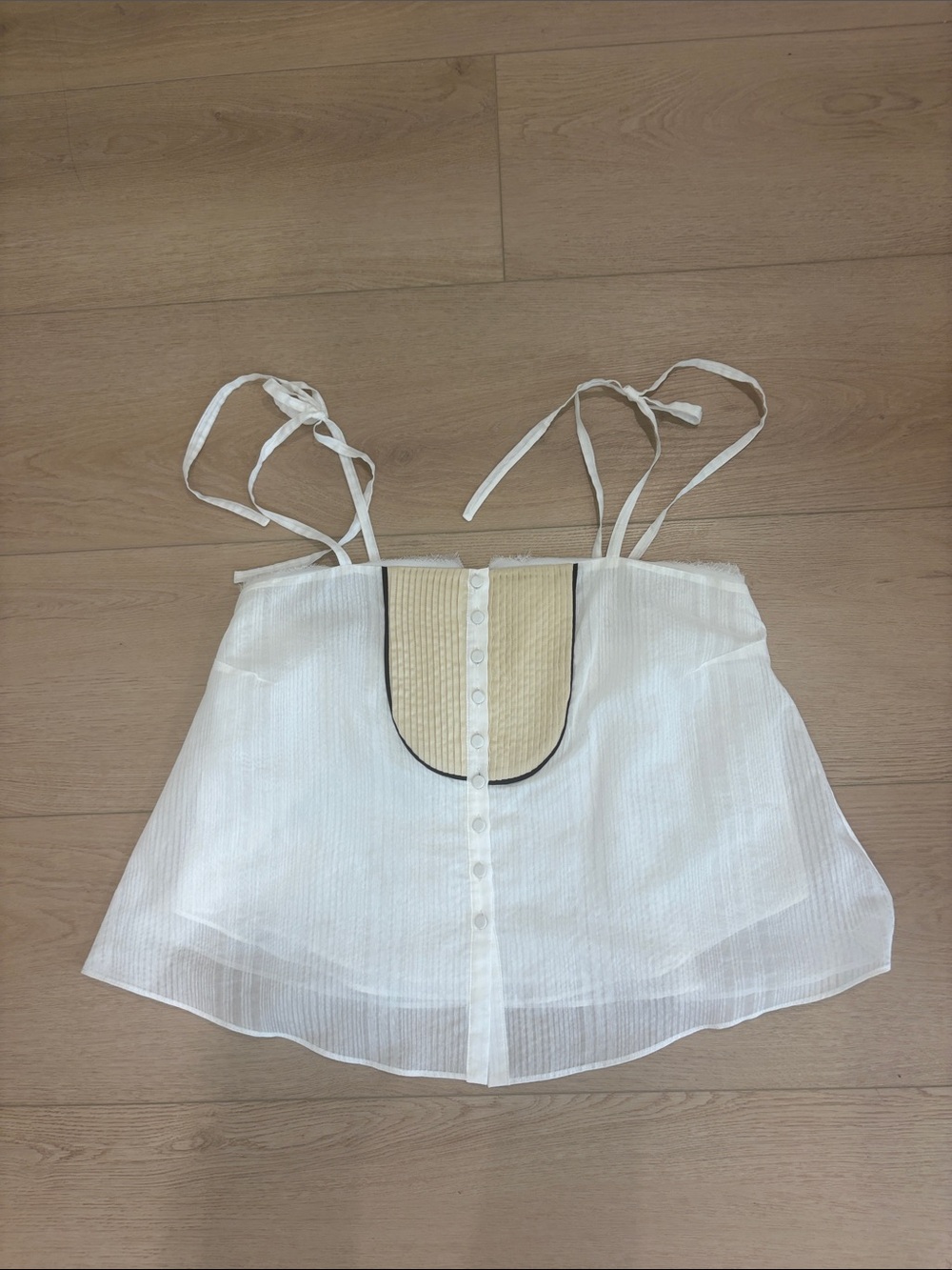 Zara White Cami with Beige Pintuck Yoke and Black Piping